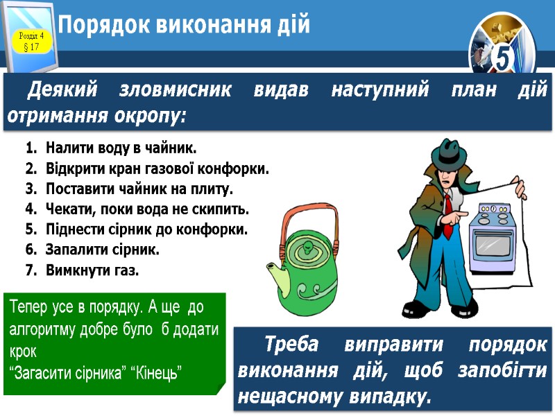 1.  Налити воду в чайник. 2.  Відкрити кран газової конфорки. 3. 